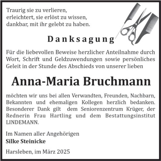 Traueranzeige von Anna-Maria Bruchmann von Volksstimme Halberstadt