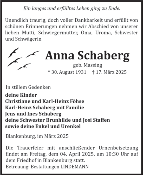 Traueranzeige von Anna Schaberg von Volksstimme Wernigerode