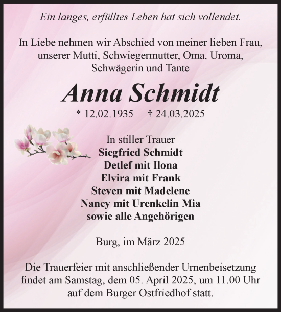 Traueranzeige von Anna Schmidt von Volksstimme Burg/Genthin