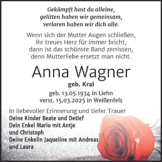 Traueranzeige von Anna Wagner von Trauerkombi Weißenfels