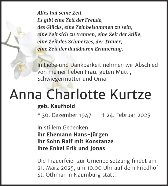 Traueranzeige von Anna Charlotte Kurtze von Naumburger Tageblatt