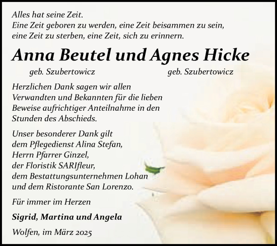Traueranzeige von Anna und Agnes Beutel und Hicke von Trauerkombi Bitterfeld