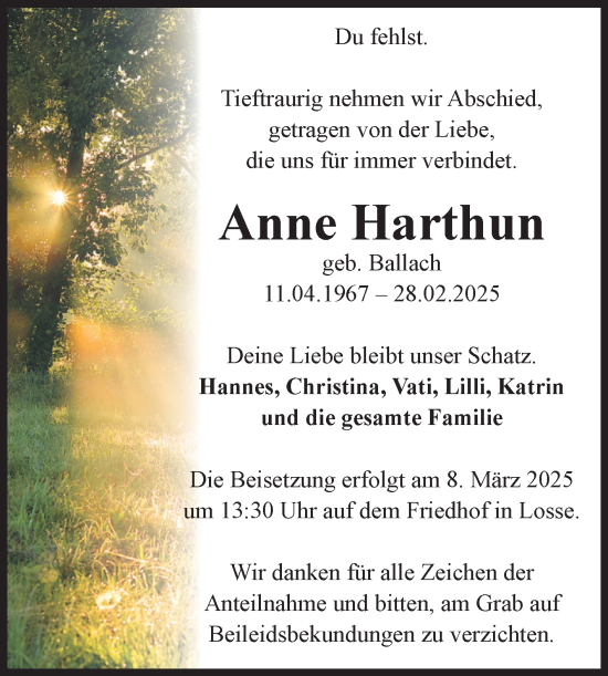 Traueranzeige von Anne Harthun von Volksstimme Altmark Ost