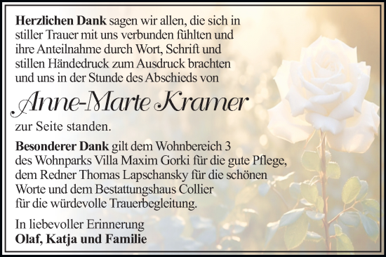 Traueranzeige von Anne-Marte Kramer von Trauerkombi Dessau
