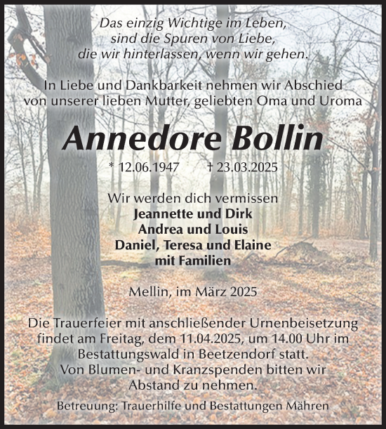 Traueranzeige von Annedore Bollin von Volksstimme Altmark West