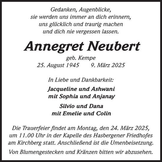 Traueranzeige von Annegret Neubert von Volksstimme Altmark West