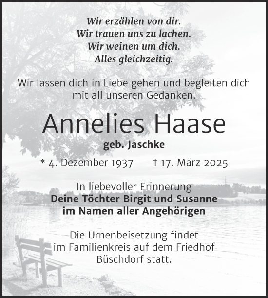 Traueranzeige von Annelies Haase von Mitteldeutsche Zeitung Halle/Saalkreis