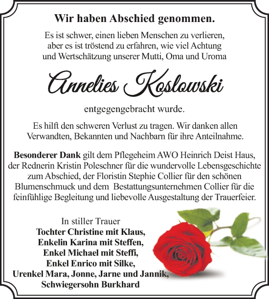 Traueranzeige von Annelies Koslowski von Trauerkombi Dessau