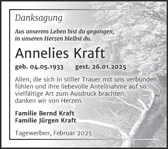 Traueranzeige von Annelies Kraft von Trauerkombi Weißenfels
