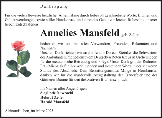 Traueranzeige von Annelies Mansfeld von Volksstimme Oschersleben/Wanzleben
