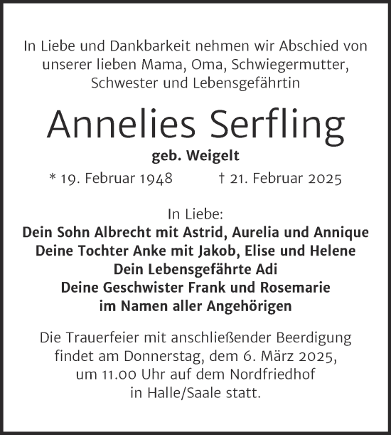 Traueranzeige von Annelies Serfling von Mitteldeutsche Zeitung Halle/Saalkreis