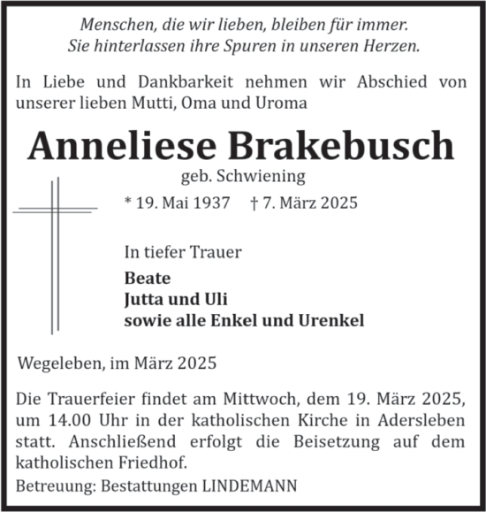 Traueranzeige von Anneliese Brakebusch von Volksstimme Halberstadt