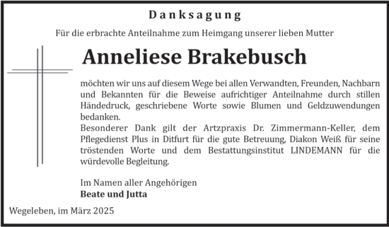 Traueranzeige von Anneliese Brakebusch von Volksstimme Halberstadt