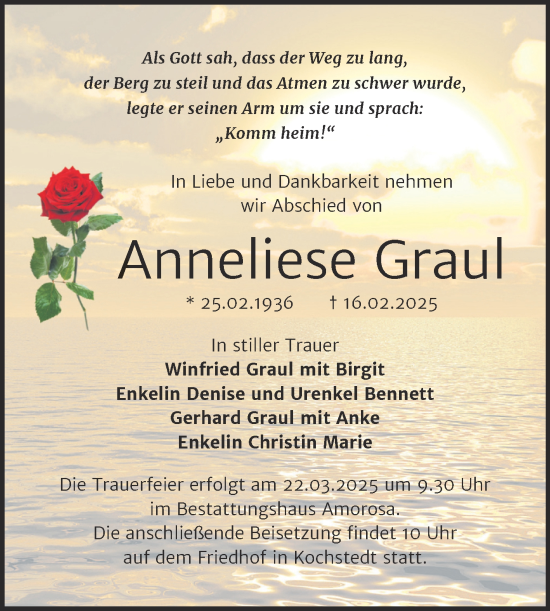 Traueranzeige von Anneliese Graul von Trauerkombi Dessau