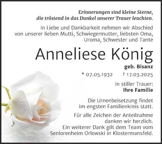 Traueranzeige von Anneliese König von Trauerkombi Mansfelder Land