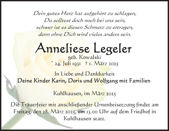Traueranzeige von Anneliese Legeler von Volksstimme Altmark Ost