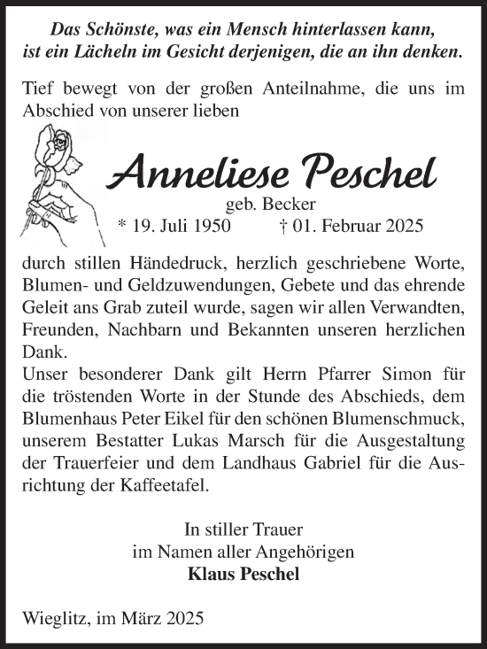 Traueranzeige von Anneliese Peschel von Volksstimme Haldensleben/Wolmirstedt