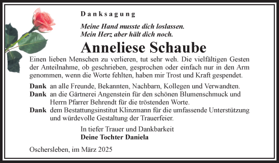 Traueranzeige von Anneliese Schaube von Volksstimme Oschersleben/Wanzleben