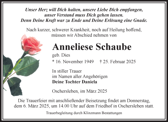 Traueranzeige von Anneliese Schaube von Volksstimme Oschersleben/Wanzleben