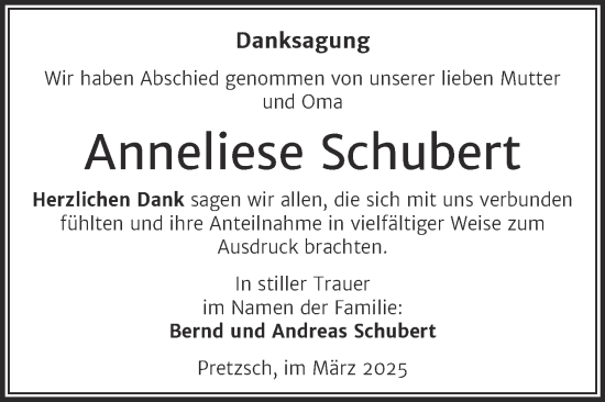 Traueranzeige von Anneliese Schubert von Trauerkombi Wittenberg