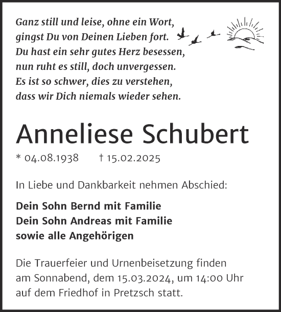 Traueranzeige von Anneliese Schubert von Trauerkombi Wittenberg