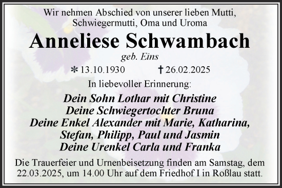 Traueranzeige von Anneliese Schwambach von Trauerkombi Dessau