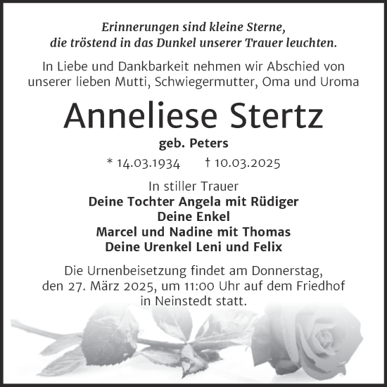 Traueranzeige von Anneliese Stertz von Trauerkombi Quedlinburg