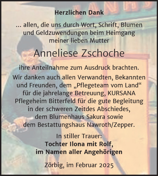 Traueranzeige von Anneliese Zschoche von Trauerkombi Bitterfeld