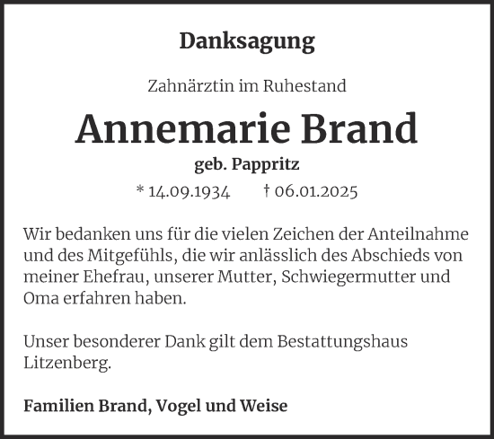 Traueranzeige von Annemarie Brand von Trauerkombi Mansfelder Land