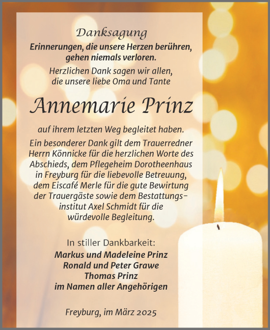 Traueranzeige von Annemarie Prinz von Naumburger Tageblatt
