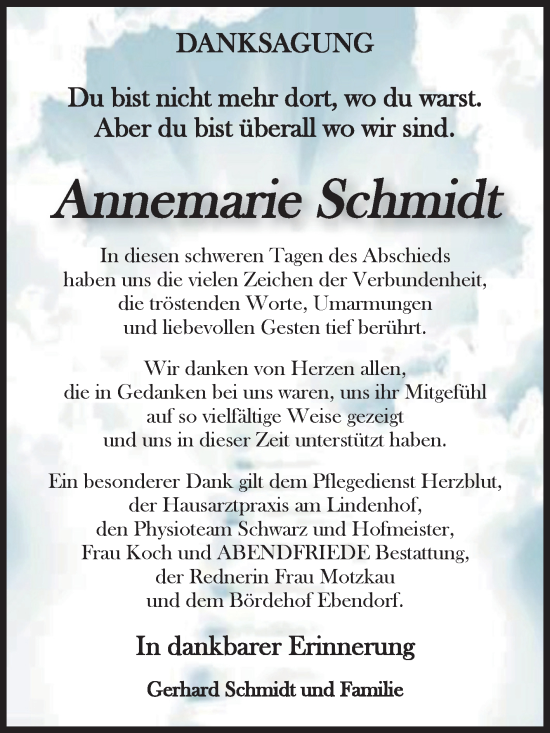 Traueranzeige von Annemarie Schmidt von Volksstimme Haldensleben/Wolmirstedt