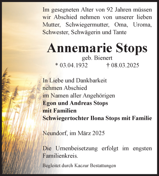Traueranzeige von Annemarie Stops von Volksstimme Staßfurt