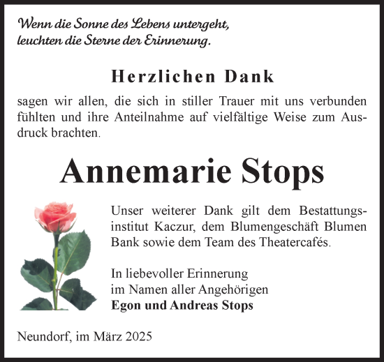 Traueranzeige von Annemarie Stops von Volksstimme Staßfurt