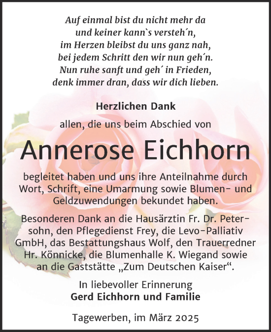 Traueranzeige von Annerose Eichhorn von Trauerkombi Weißenfels