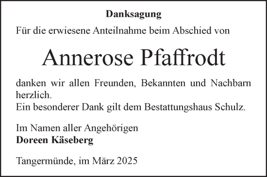 Traueranzeige von Annerose Pfaffrodt von Volksstimme Altmark Ost