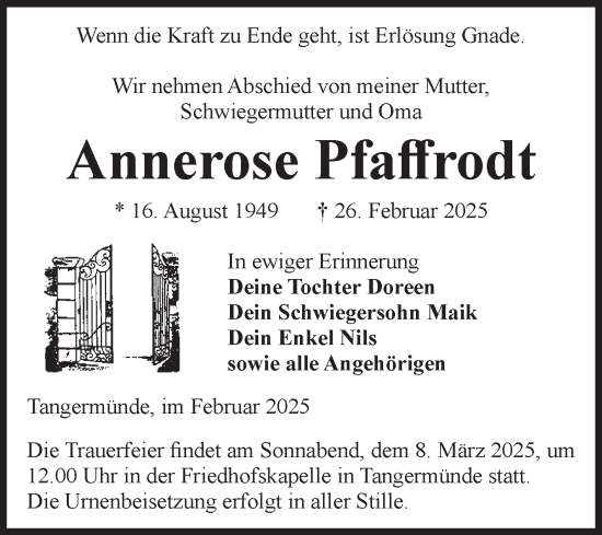 Traueranzeige von Annerose Pfaffrodt von Volksstimme Altmark Ost