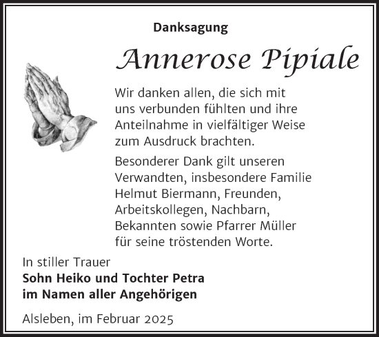 Traueranzeige von Annerose Pipiale von Trauerkombi Bernburg