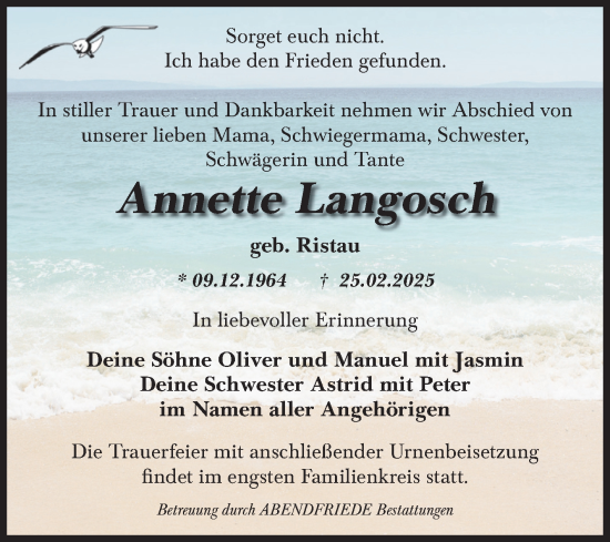 Traueranzeige von Annette Langosch von Volksstimme Haldensleben/Wolmirstedt