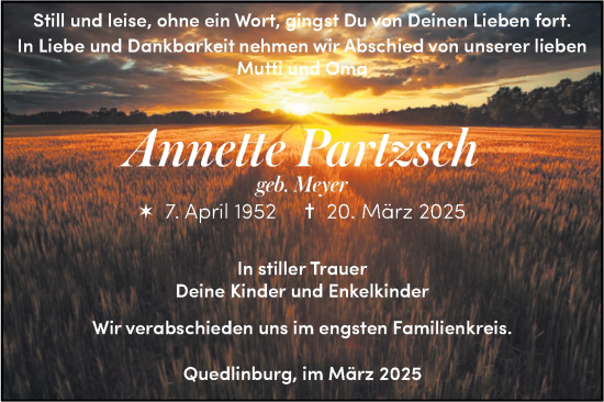 Traueranzeige von Annette Partzsch von Trauerkombi Quedlinburg