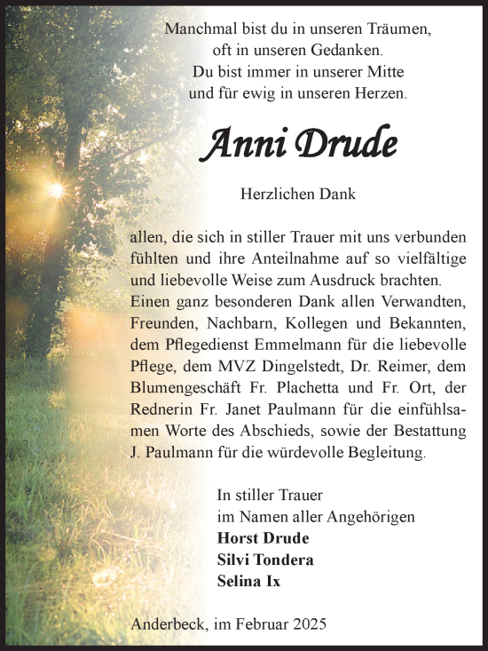 Traueranzeige von Anni Drude von Volksstimme Halberstadt