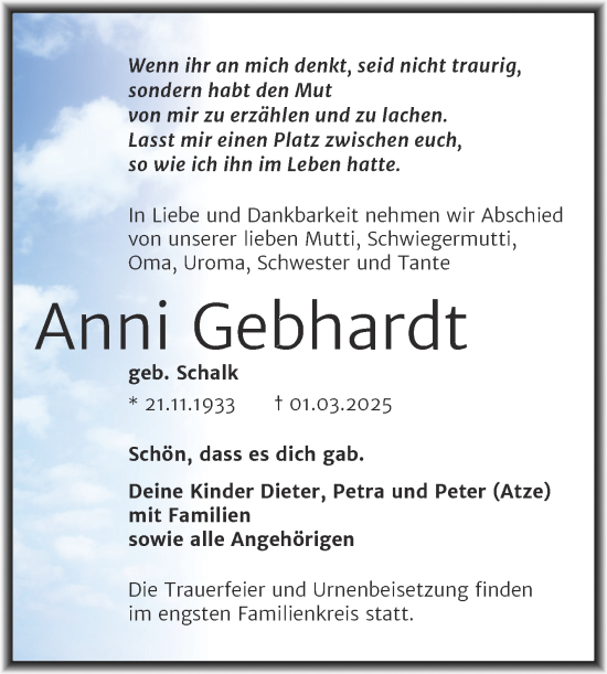 Traueranzeige von Anni Gebhardt von Trauerkombi Mansfelder Land