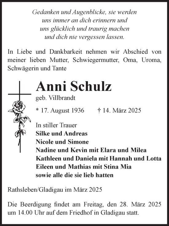 Traueranzeige von Anni Schulz von Volksstimme Altmark Ost
