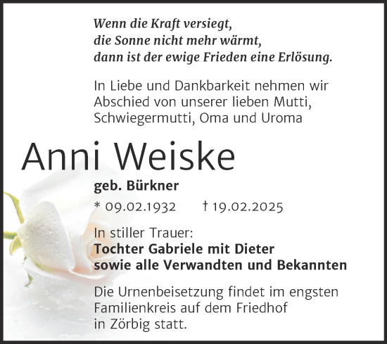 Traueranzeige von Anni Weiske von Trauerkombi Bitterfeld