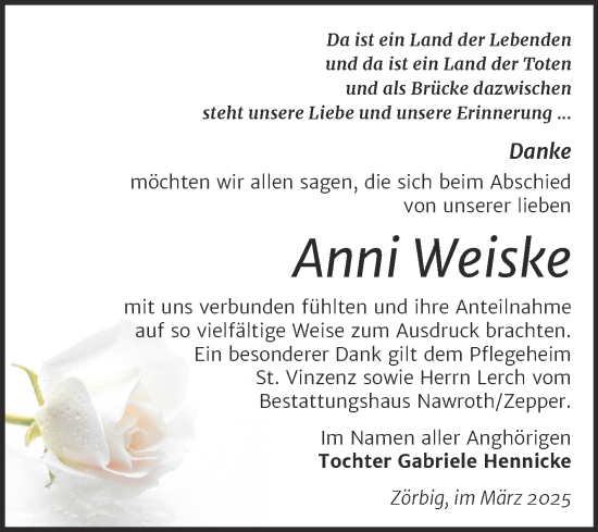 Traueranzeige von Anni Weiske von Trauerkombi Bitterfeld