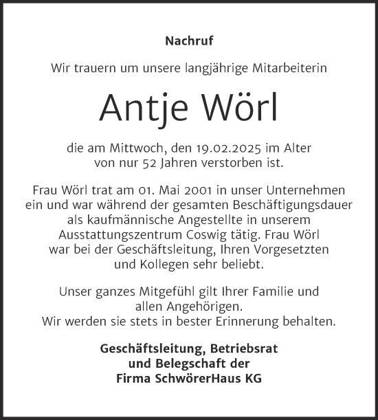 Traueranzeige von Antje Wörl von Super Sonntag Dessau-Roßlau