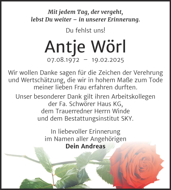 Traueranzeige von Antje Wörl von Trauerkombi Dessau