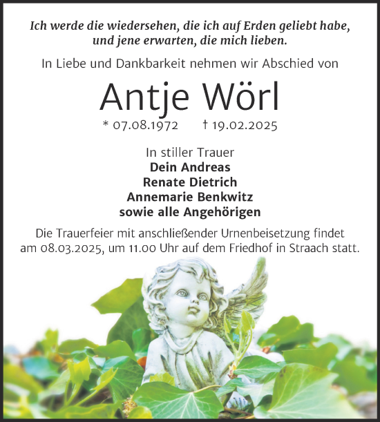 Traueranzeige von Antje Wörl von Trauerkombi Dessau