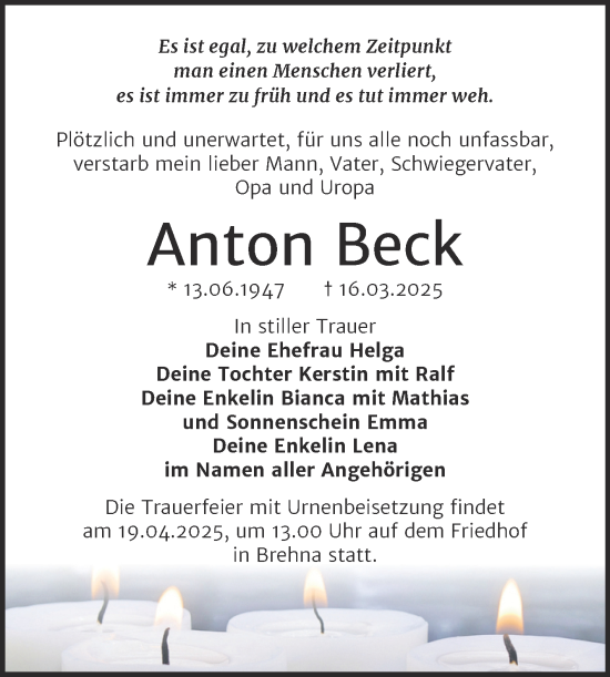 Traueranzeige von Anton Beck von Trauerkombi Bitterfeld