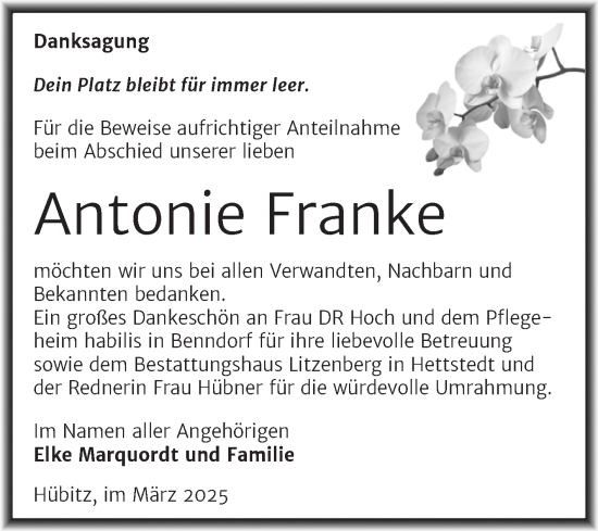 Traueranzeige von Antonie Franke von Trauerkombi Mansfelder Land