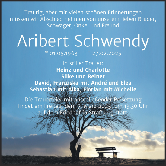 Traueranzeige von Aribert Schwendy von Trauerkombi Quedlinburg